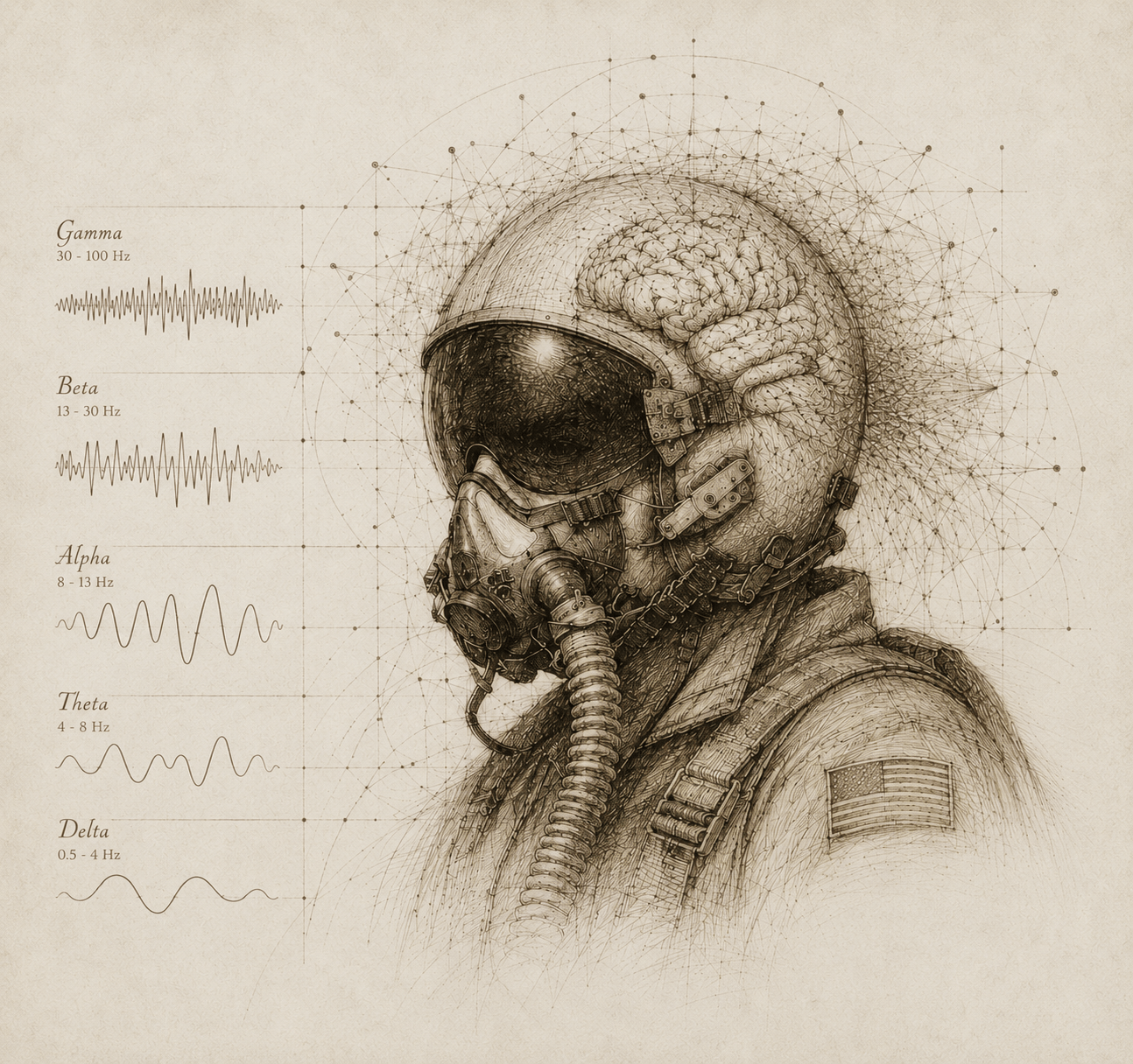 Illustration of a pilot in helmet with brainwave band readouts (Gamma, Beta, Alpha, Theta, Delta) and a neural network constellation overlay.